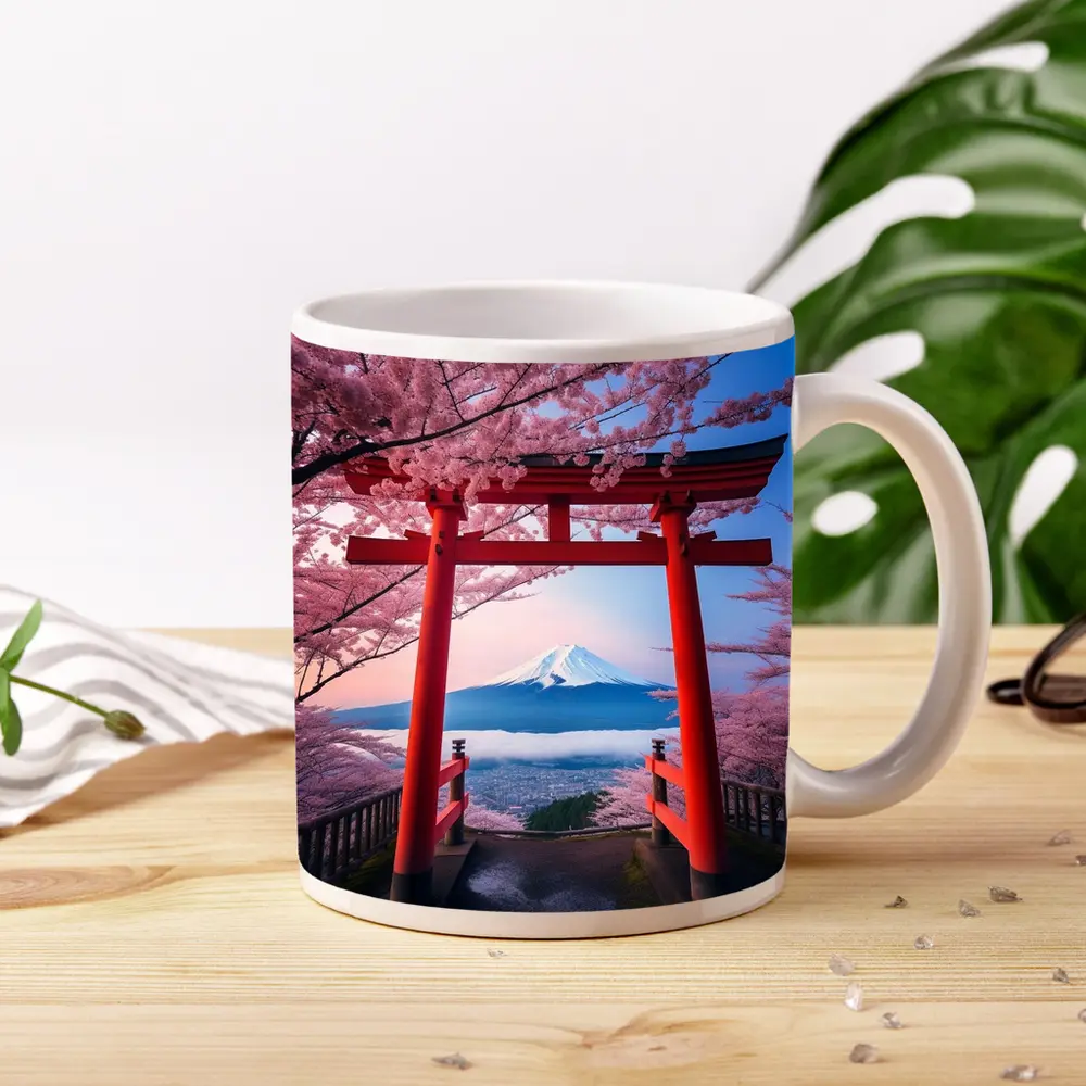 Red Torii Gate Mount Fuji Cherry Blossoms – Mugs