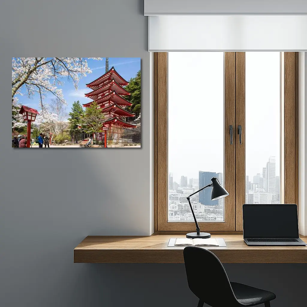 Red Japanese Pagoda Cherry Blossom Spring – Wall Art