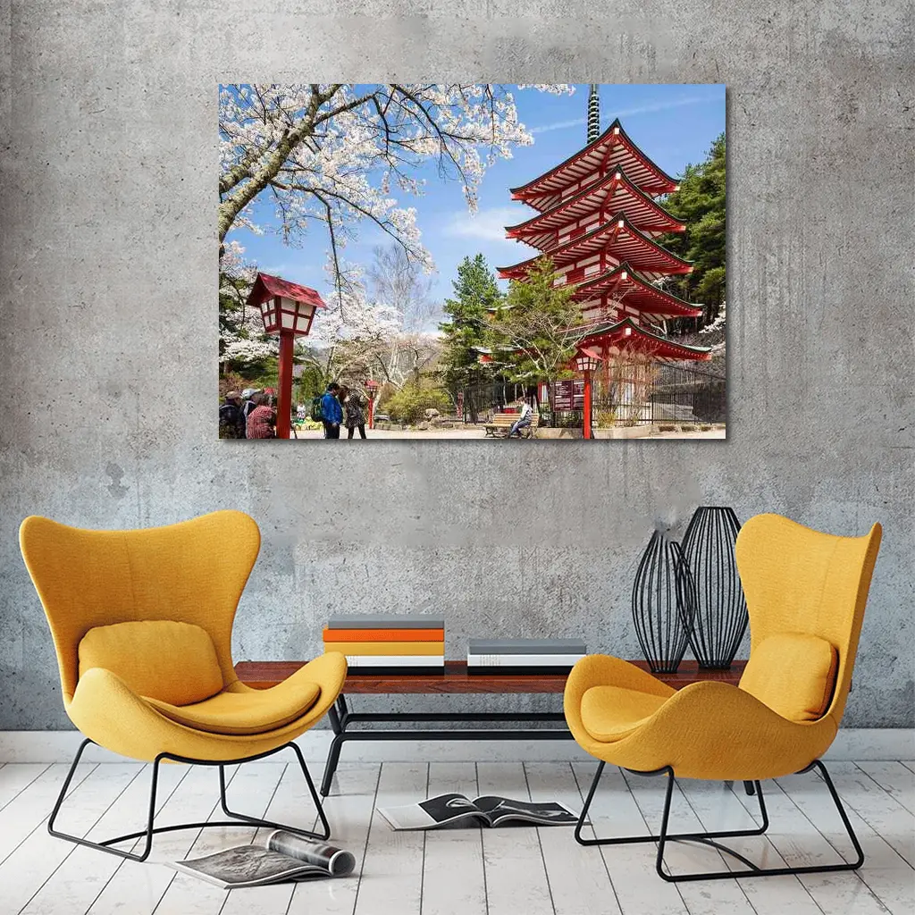 Red Japanese Pagoda Cherry Blossom Spring – Wall Art