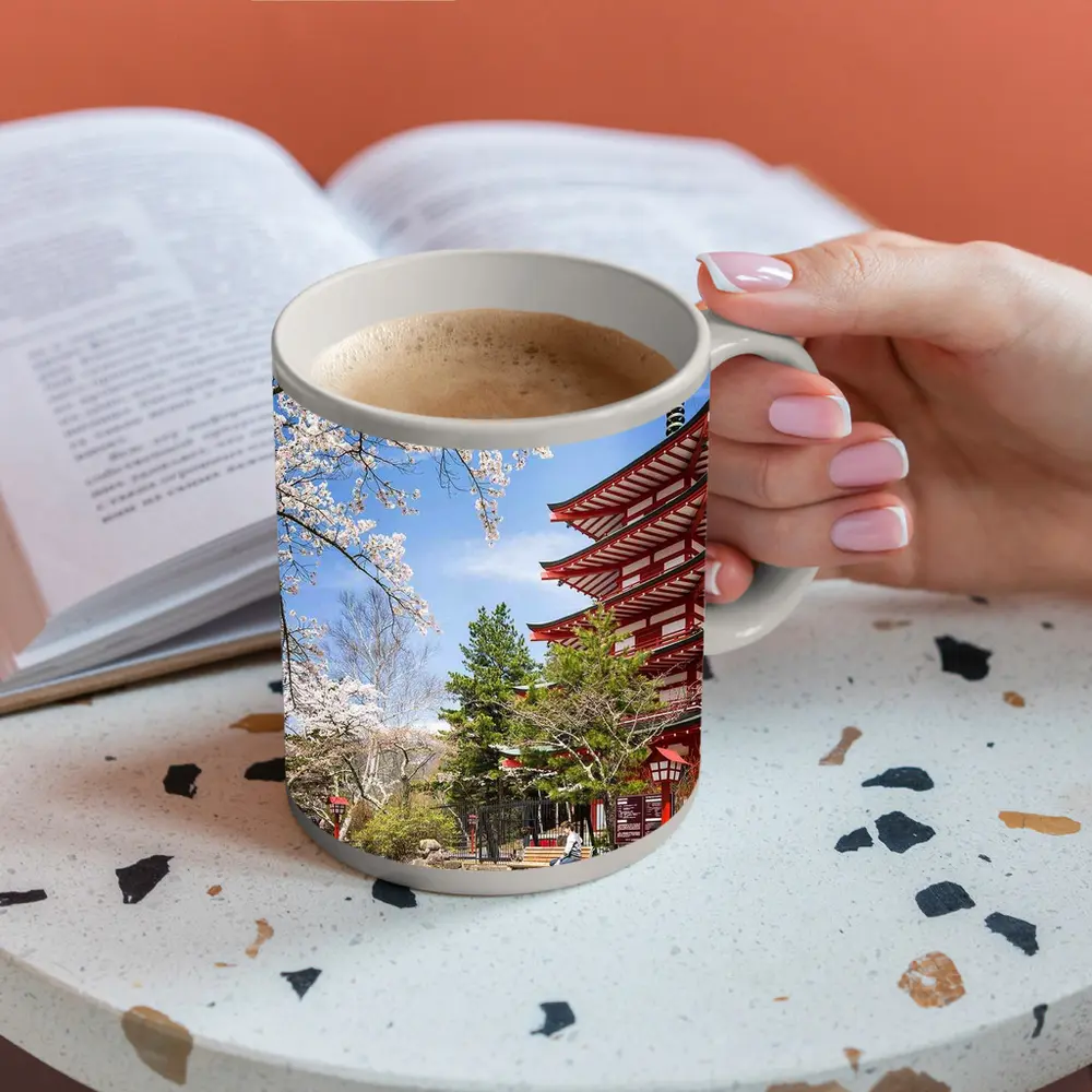 Red Japanese Pagoda Cherry Blossom Spring – Mugs