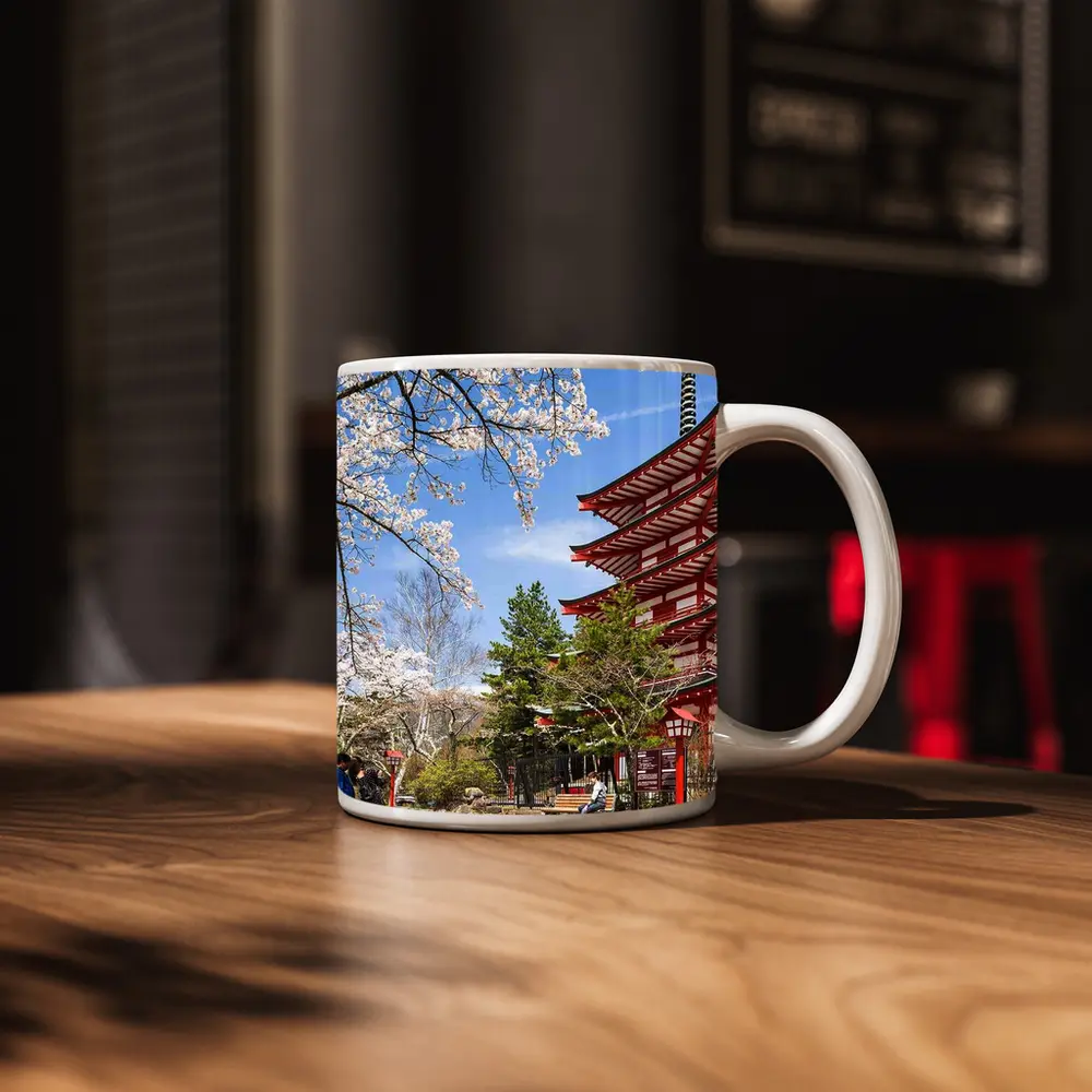 Red Japanese Pagoda Cherry Blossom Spring – Mugs