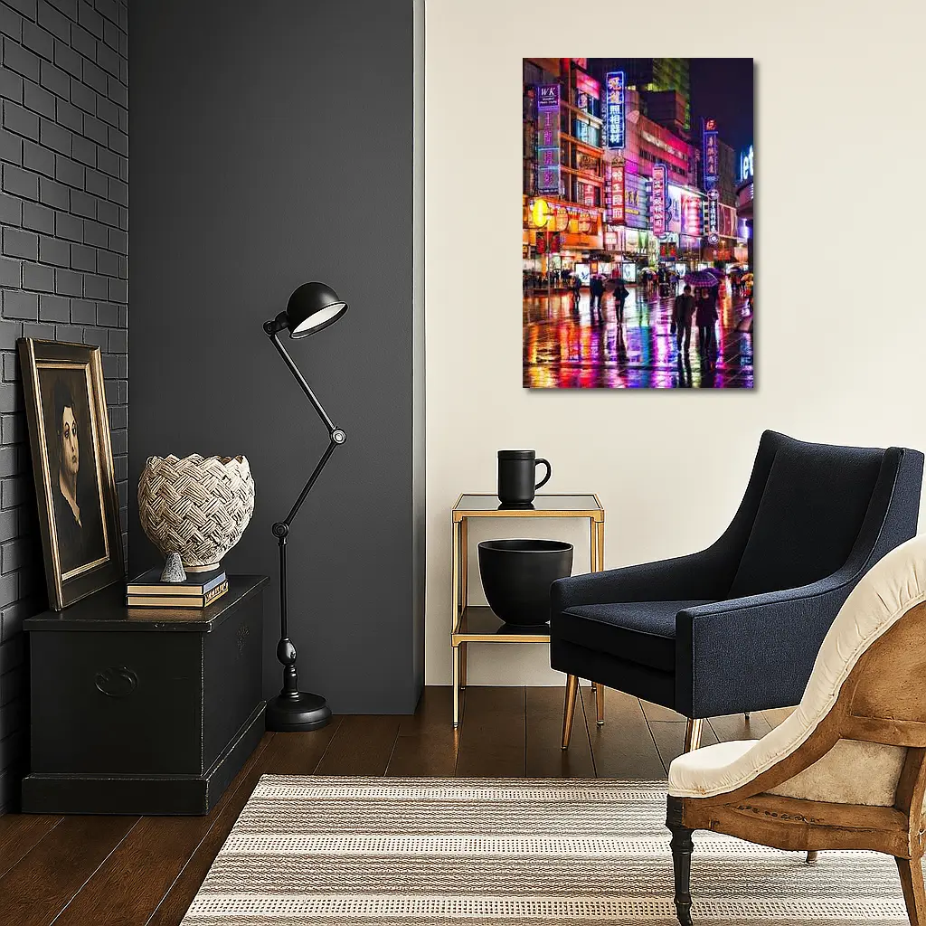 Neon Night Rain Streets Shanghai China – Wall Art