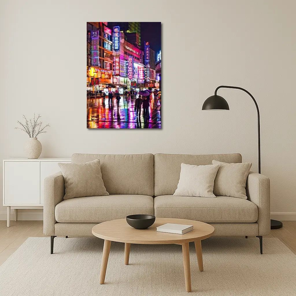Neon Night Rain Streets Shanghai China – Wall Art