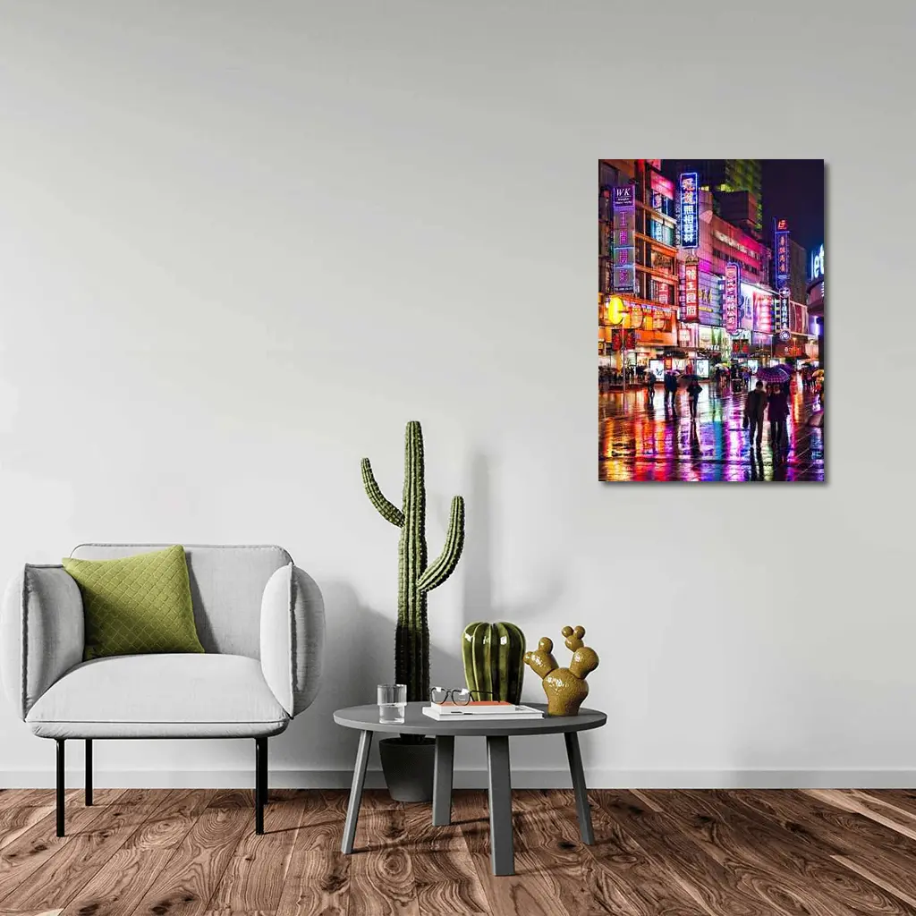 Neon Night Rain Streets Shanghai China – Wall Art