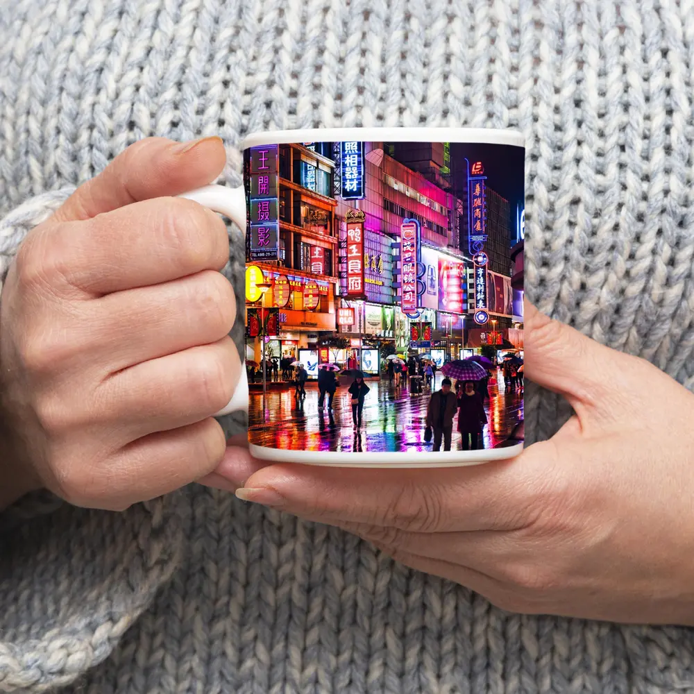Neon Night Rain Streets Shanghai China – Mugs