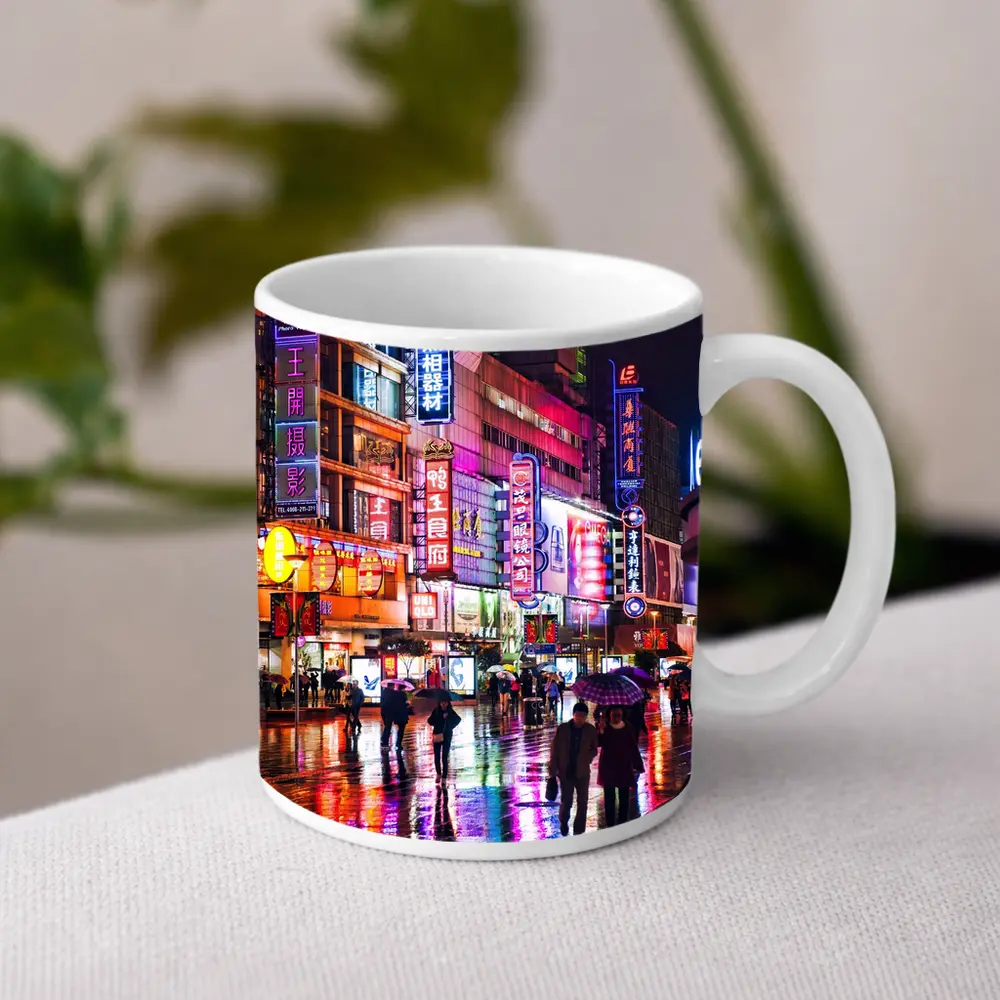 Neon Night Rain Streets Shanghai China – Mugs