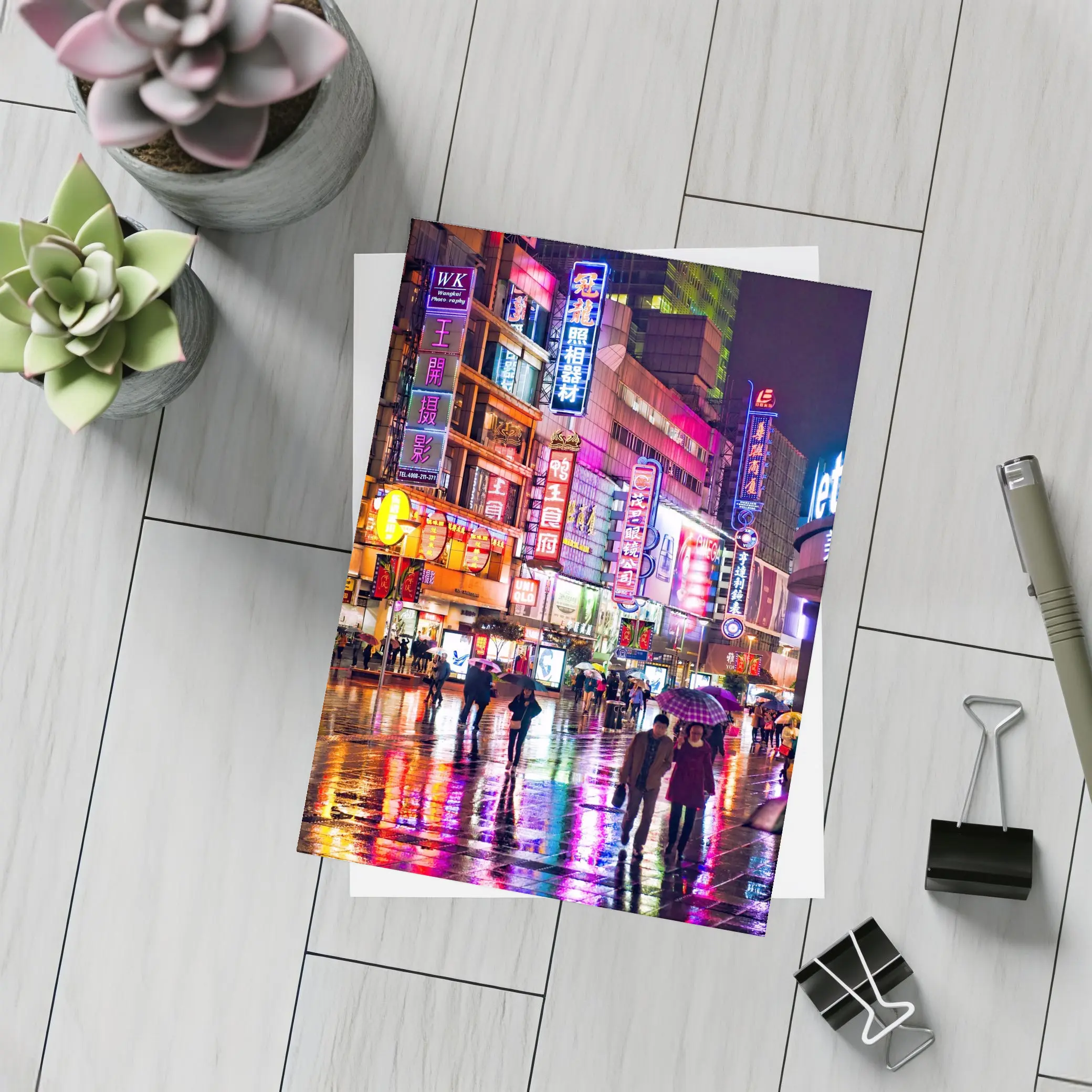 Neon Night Rain Streets Shanghai China – Postcards