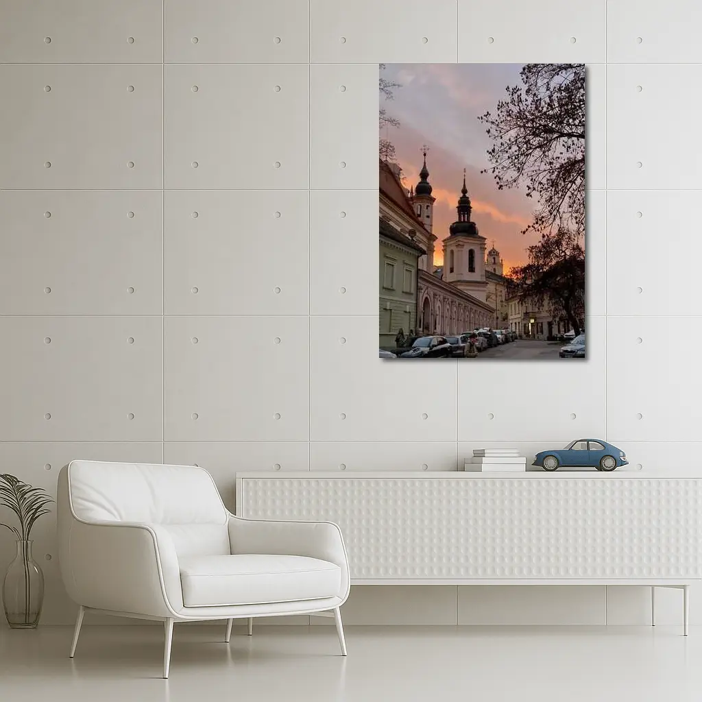 Church Towers Glowing Sunset Sky Street – Wall Art