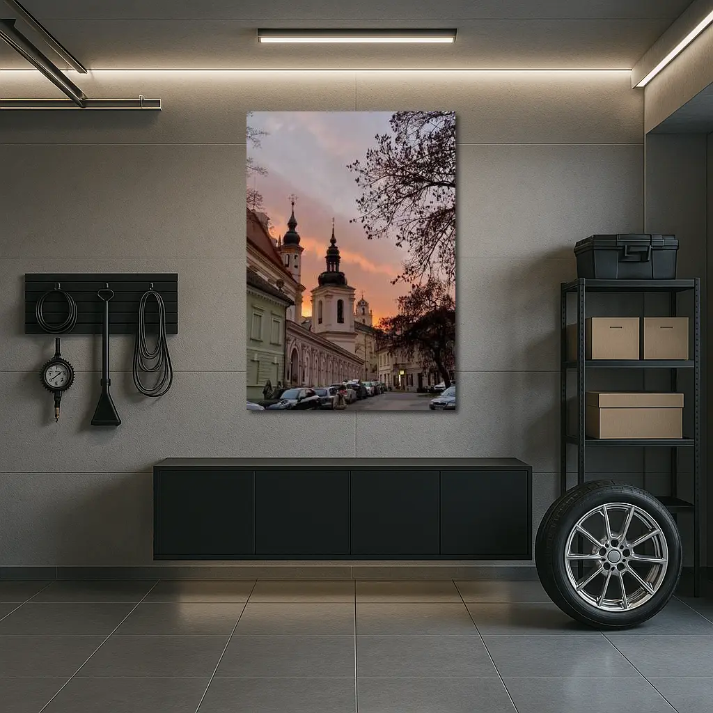 Church Towers Glowing Sunset Sky Street – Wall Art