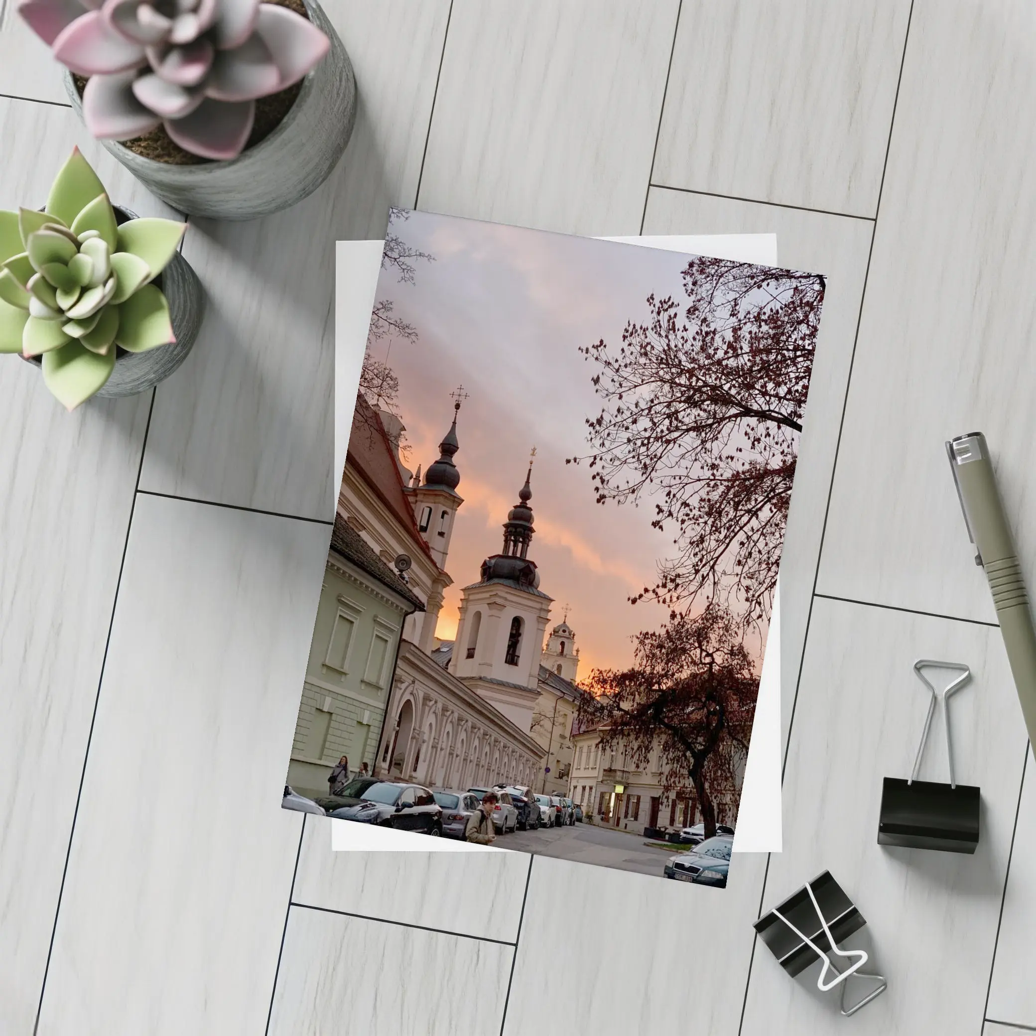 Church Towers Glowing Sunset Sky Street – Postcards