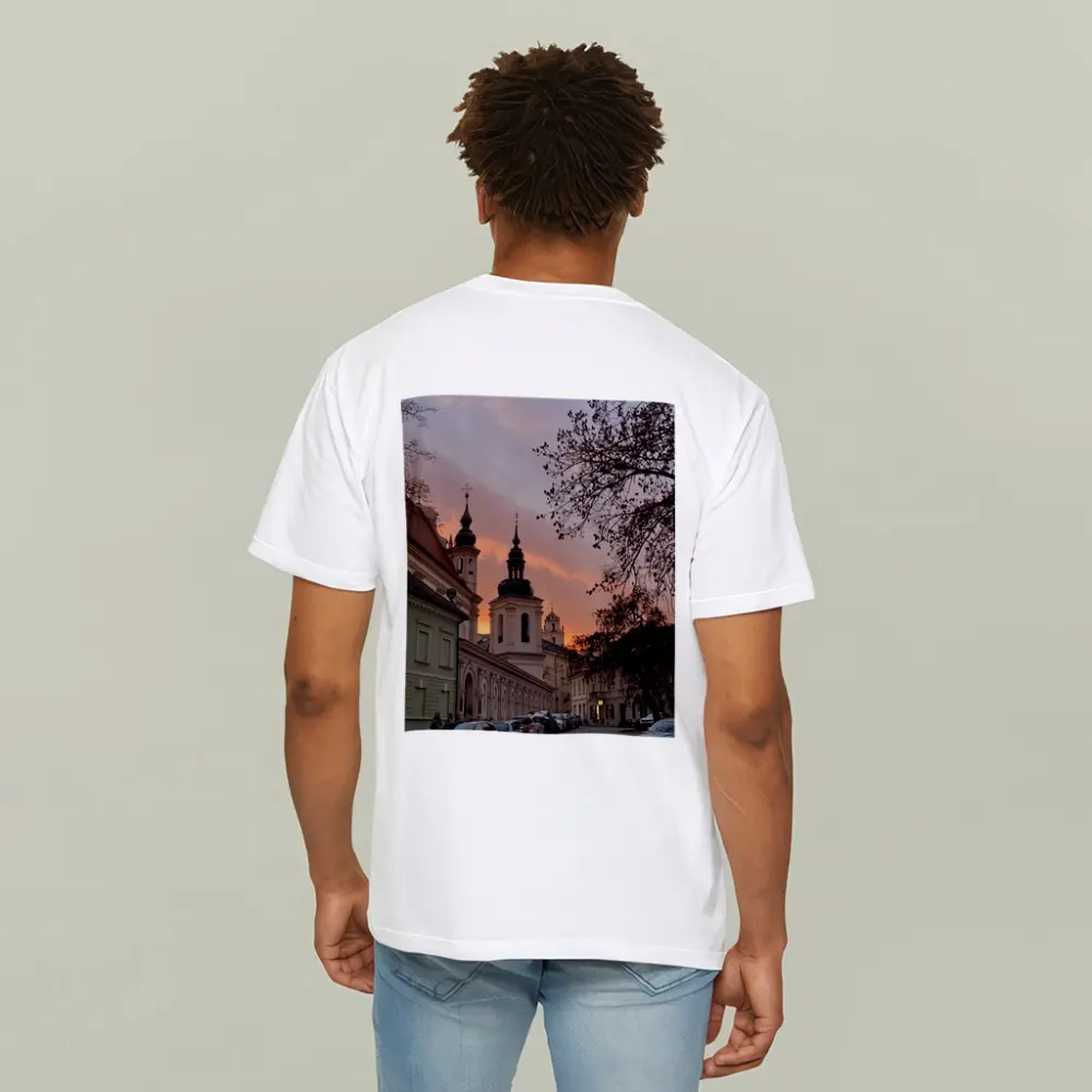 Church Towers Glowing Sunset Sky Street – T-Shirts