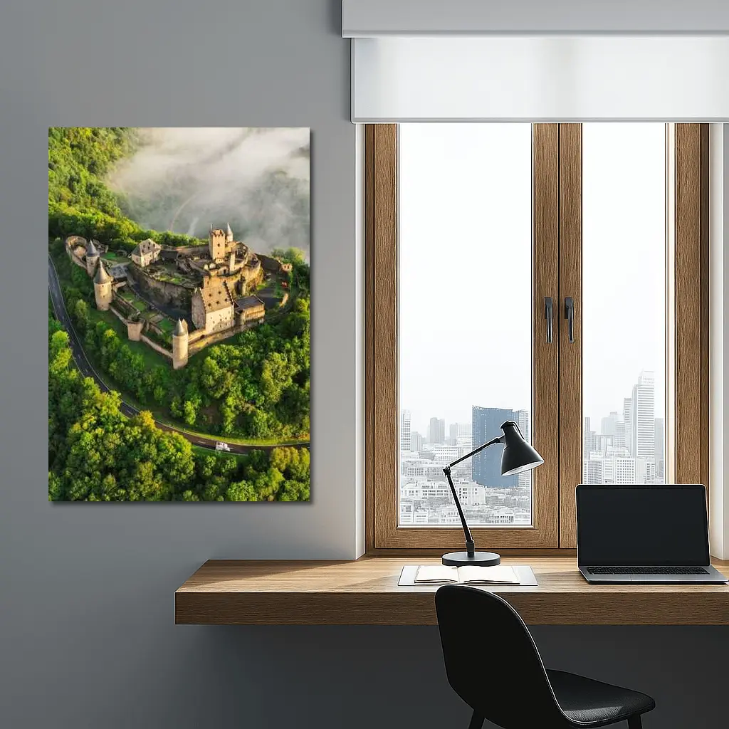 Medieval Castle Aerial View Misty Forest – Wall Art