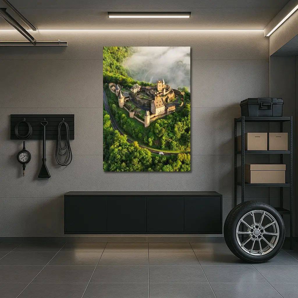 Medieval Castle Aerial View Misty Forest – Wall Art