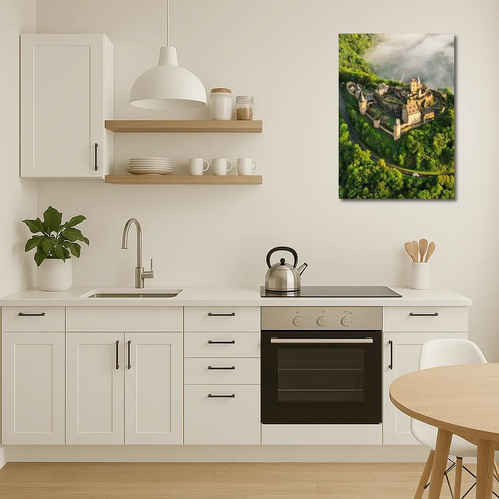 Medieval Castle Aerial View Misty Forest – Wall Art