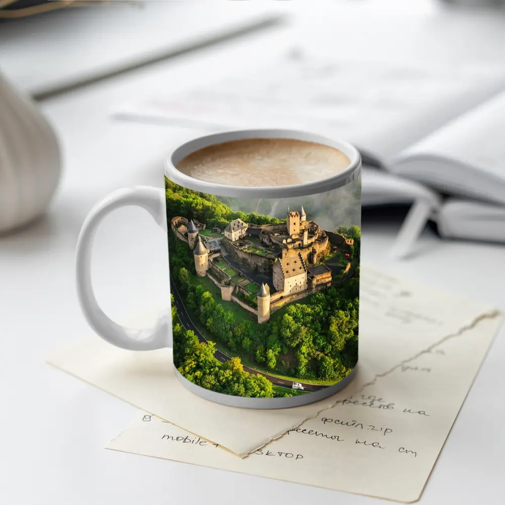 Medieval Castle Aerial View Misty Forest – Mugs