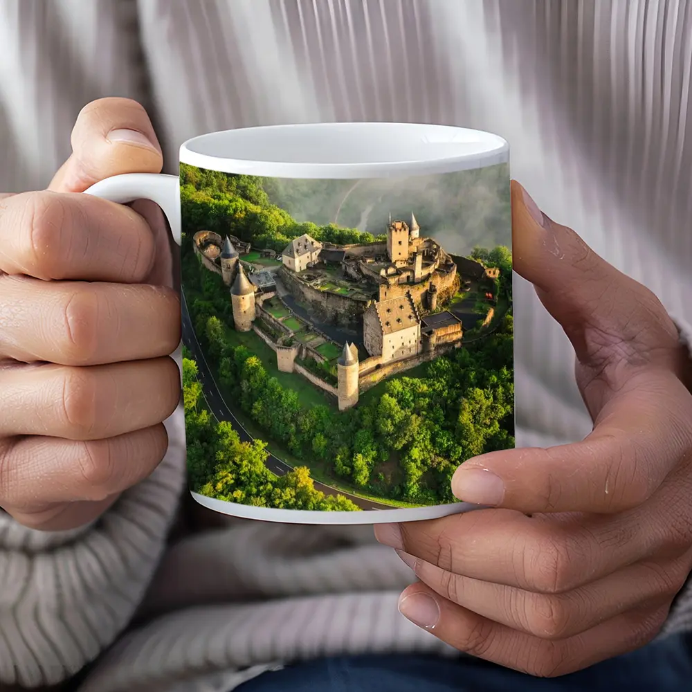 Medieval Castle Aerial View Misty Forest – Mugs