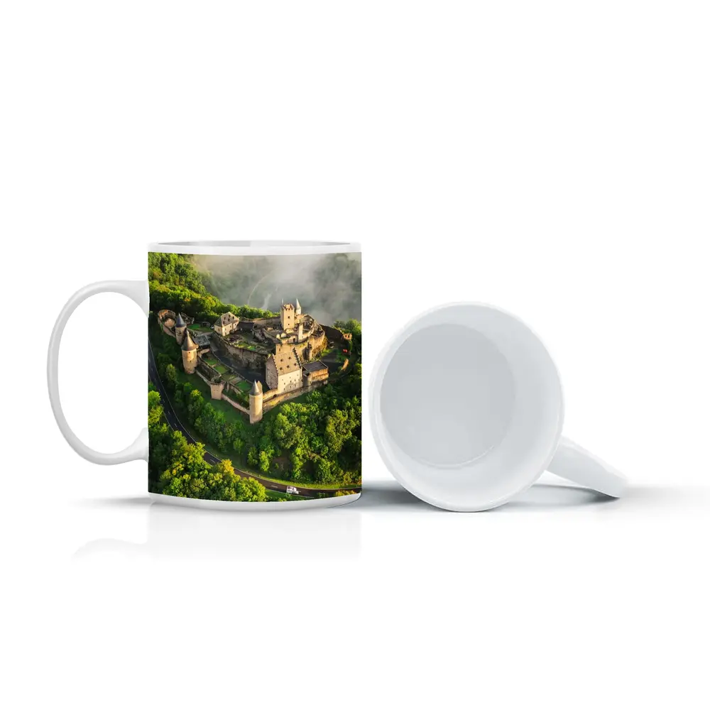Medieval Castle Aerial View Misty Forest – Mugs