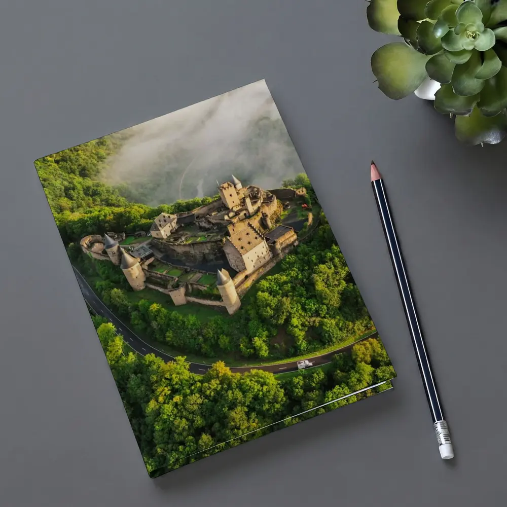 Medieval Castle Aerial View Misty Forest – Notebooks