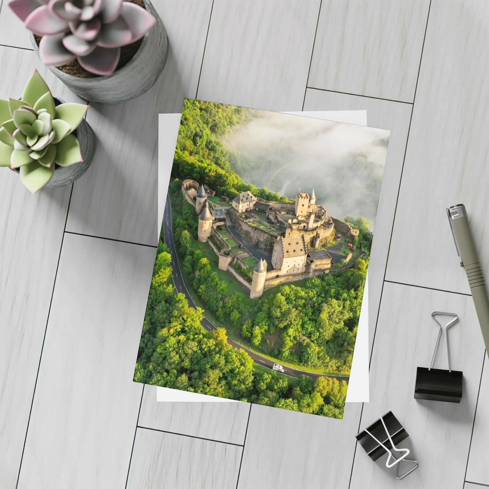 Medieval Castle Aerial View Misty Forest – Postcards