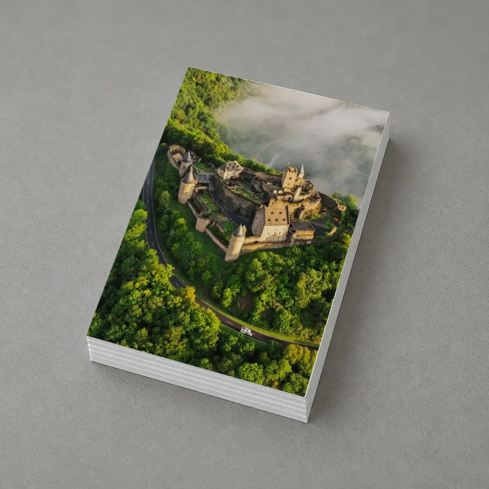 Medieval Castle Aerial View Misty Forest – Postcards