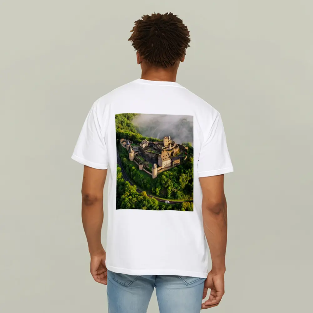 Medieval Castle Aerial View Misty Forest – T-Shirts