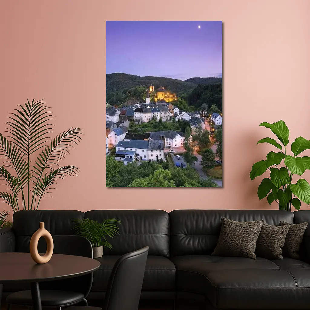 Medieval German Village Castle Twilight Aerial View – Wall Art