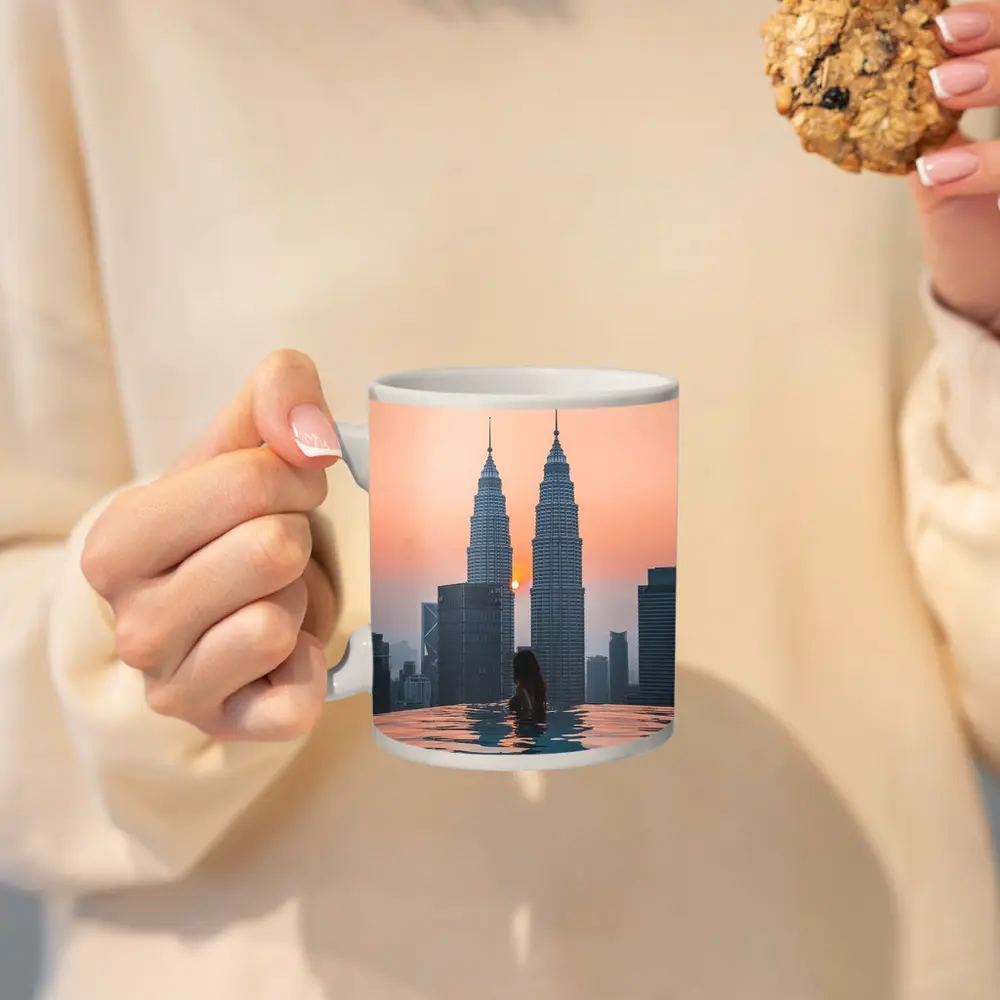 Woman Infinity Pool Petronas Towers Sunset – Mugs