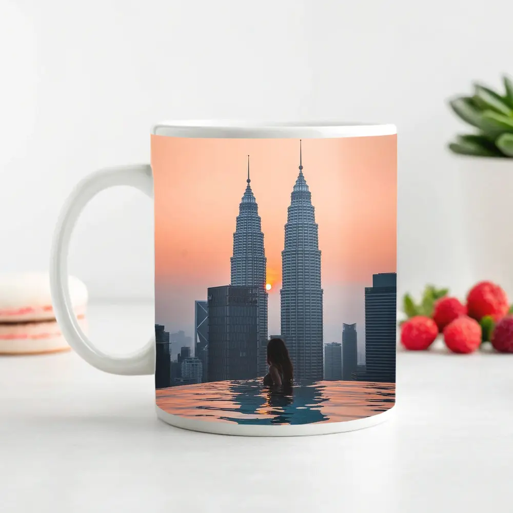 Woman Infinity Pool Petronas Towers Sunset – Mugs