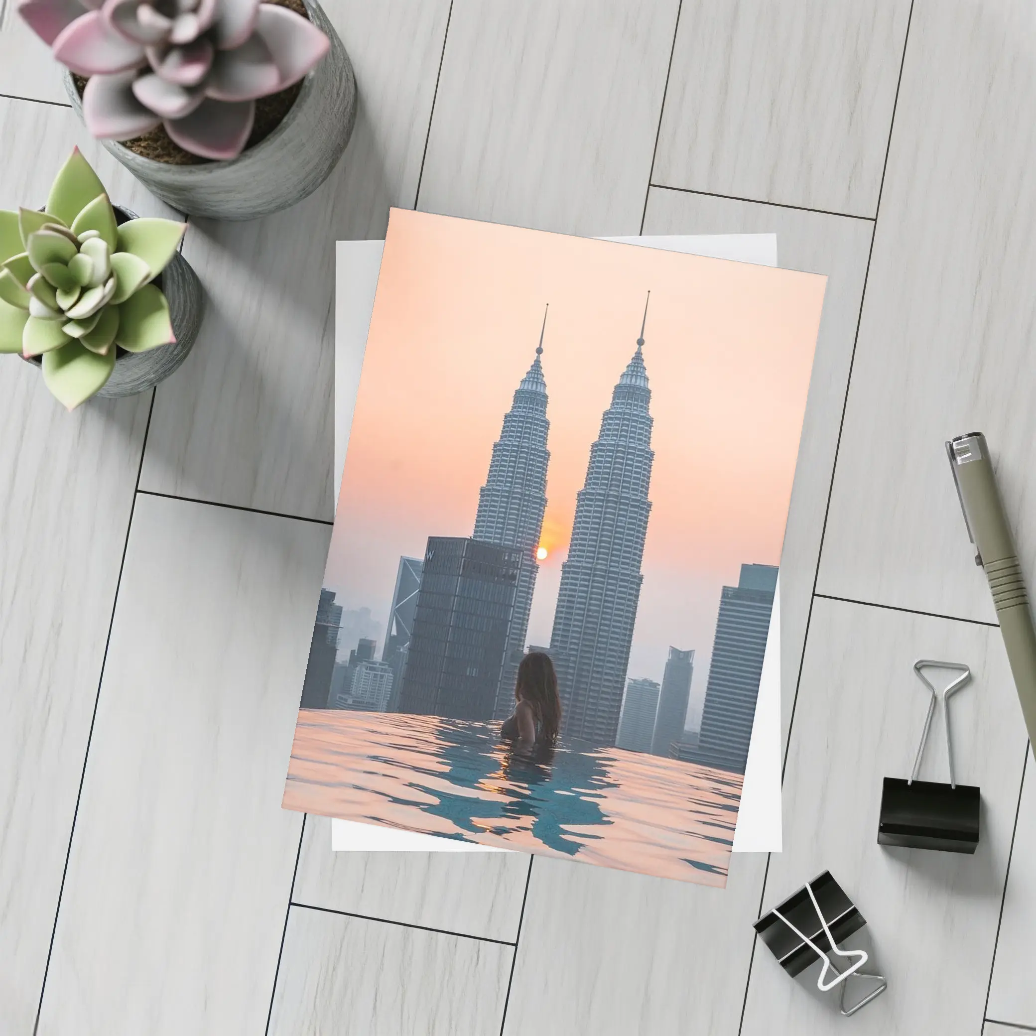 Woman Infinity Pool Petronas Towers Sunset – Postcards
