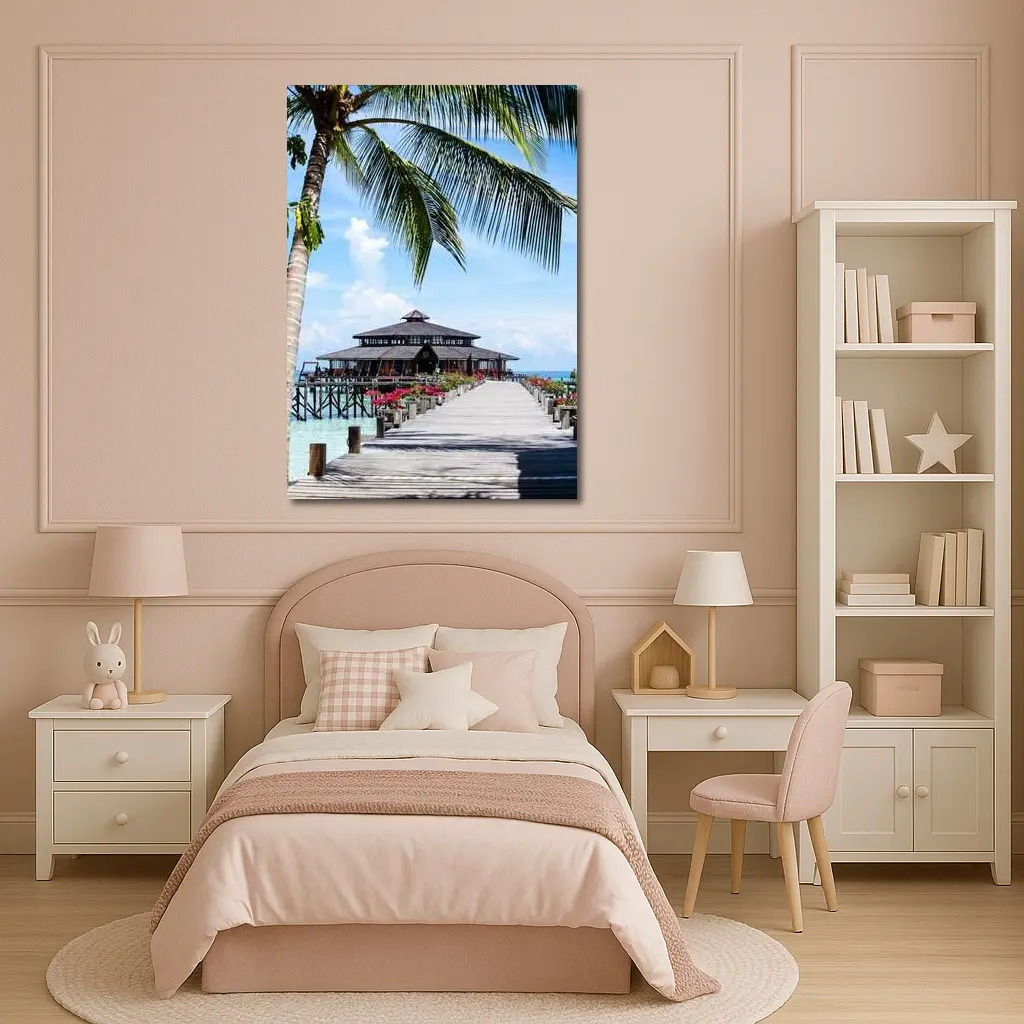 Tropical Pier Overwater Bungalow Palm Tree – Wall Art