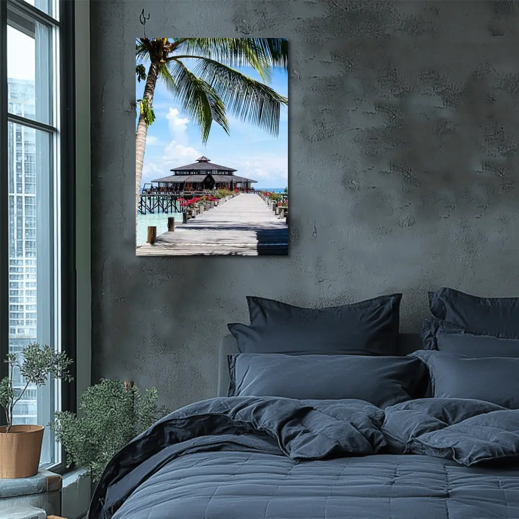 Tropical Pier Overwater Bungalow Palm Tree – Wall Art
