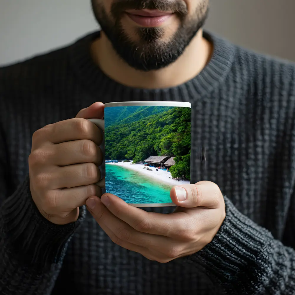 Tropical Beach Cove Green Mountain Aerial View – Mugs