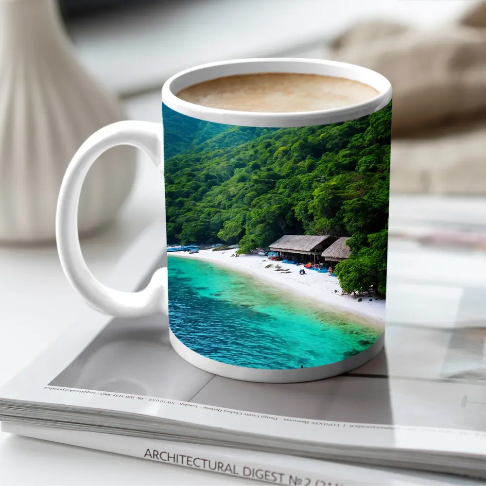 Tropical Beach Cove Green Mountain Aerial View – Mugs