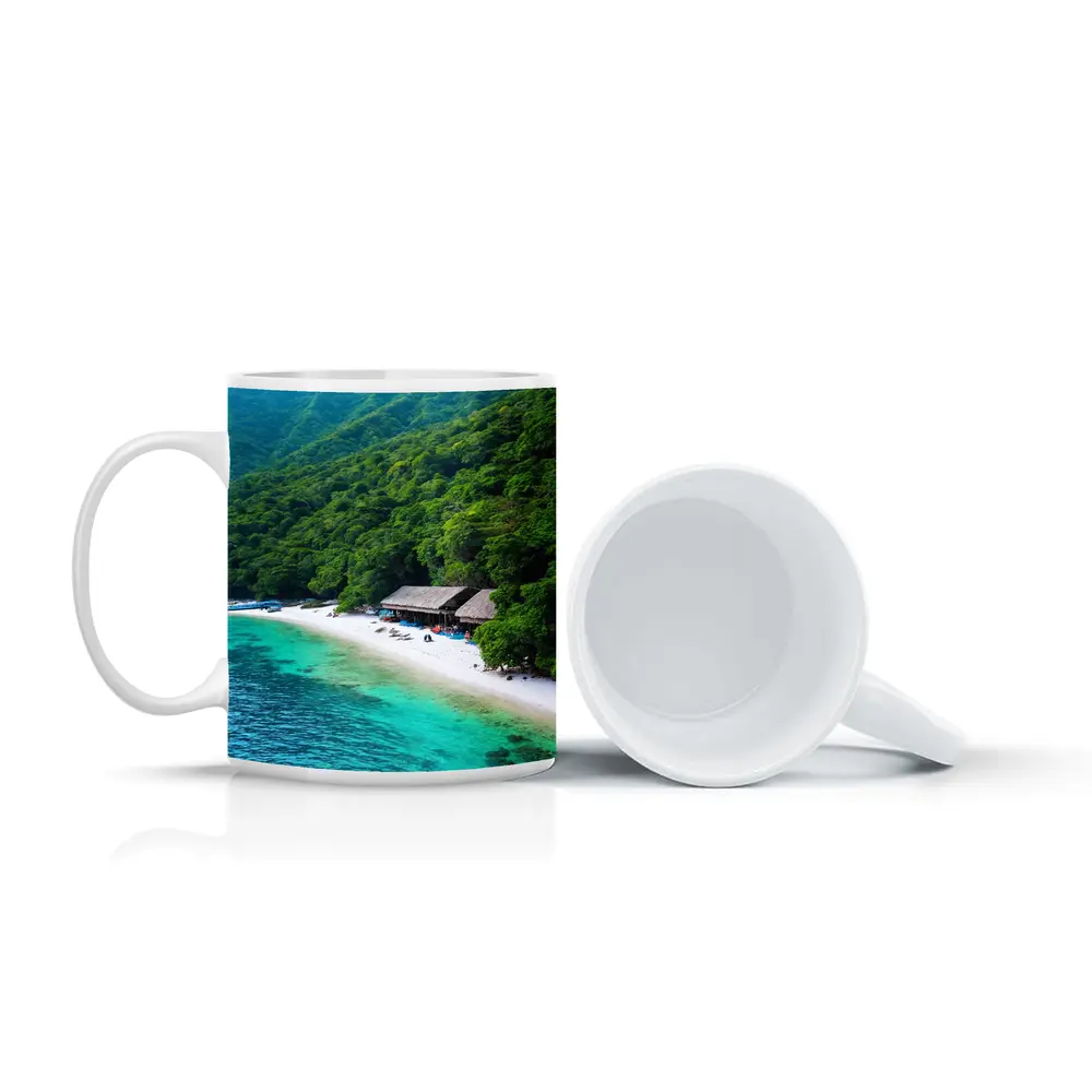 Tropical Beach Cove Green Mountain Aerial View – Mugs