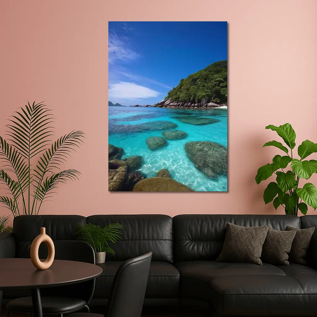 Clear Turquoise Ocean Water Rocky Tropical Island – Wall Art