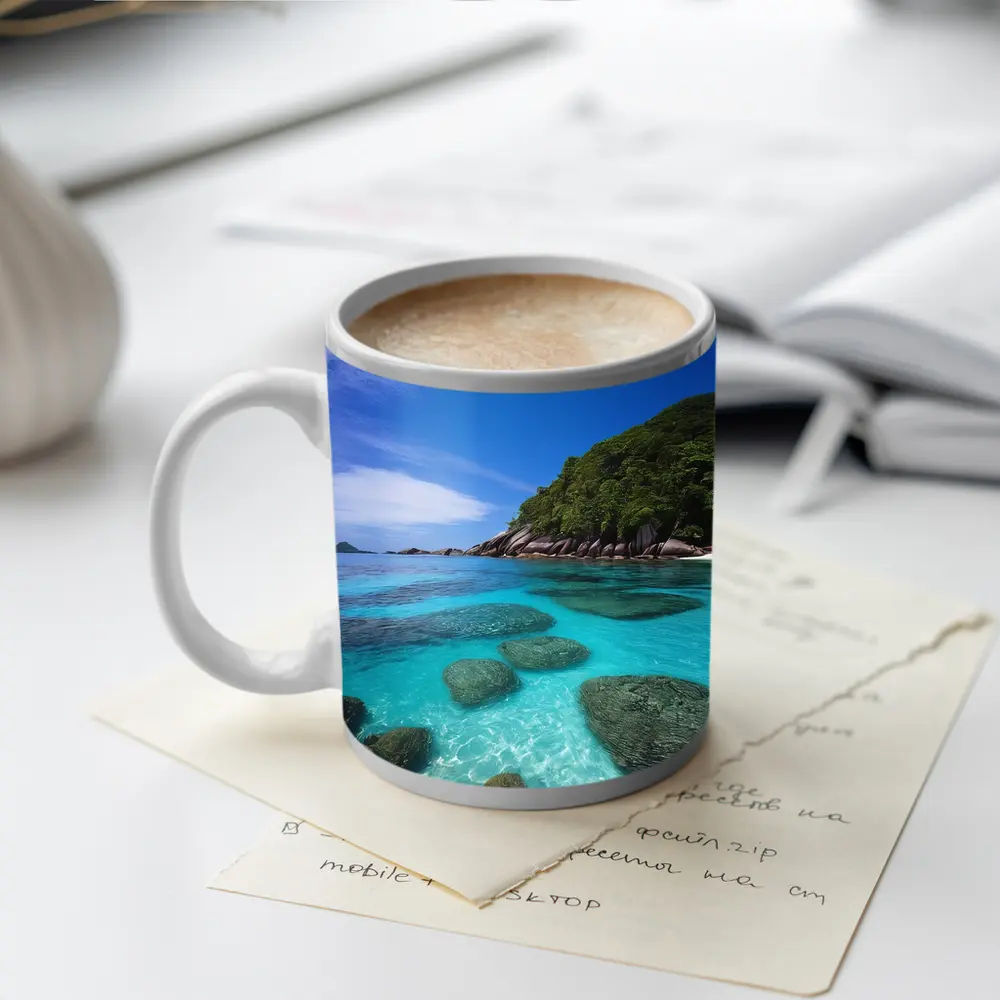 Clear Turquoise Ocean Water Rocky Tropical Island – Mugs