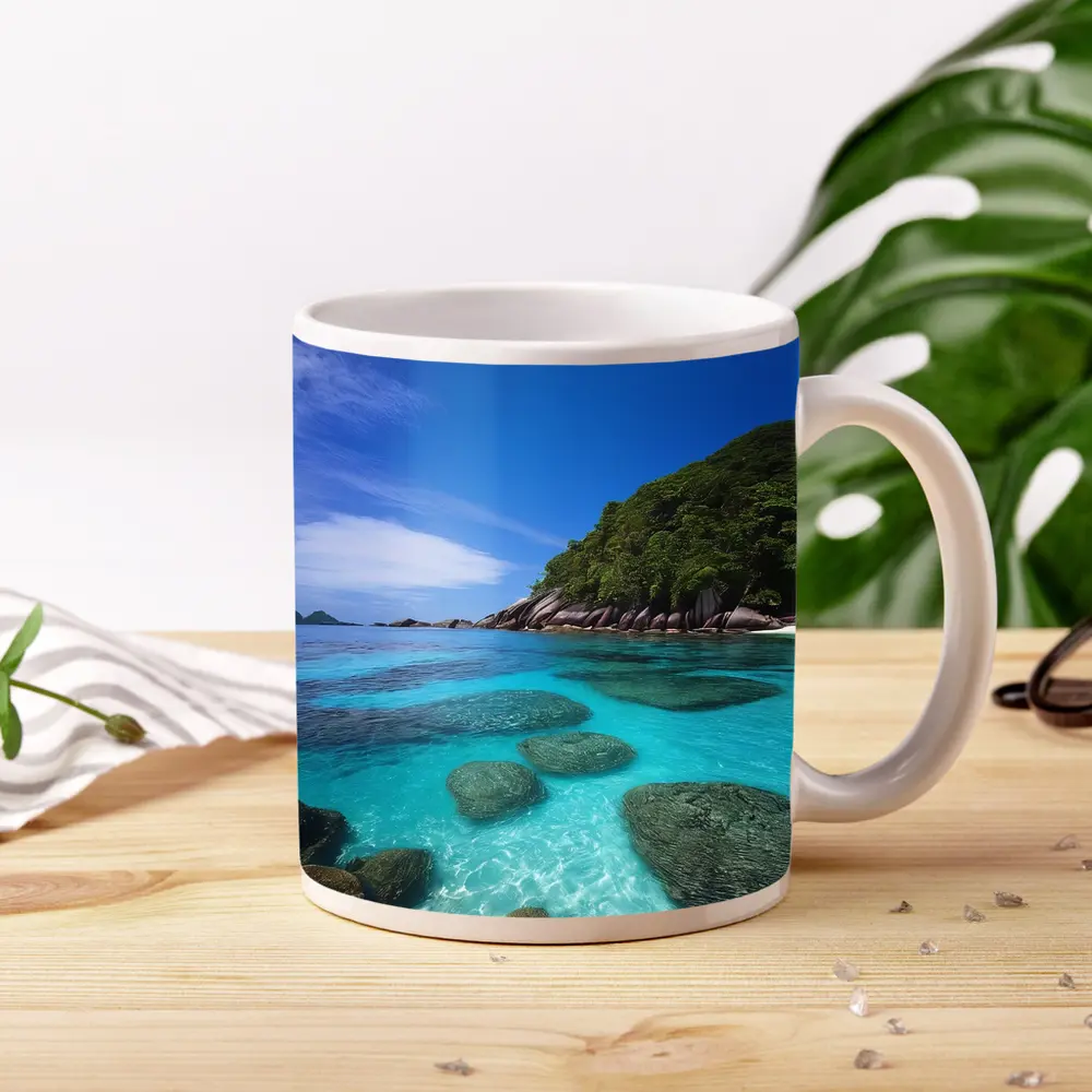 Clear Turquoise Ocean Water Rocky Tropical Island – Mugs