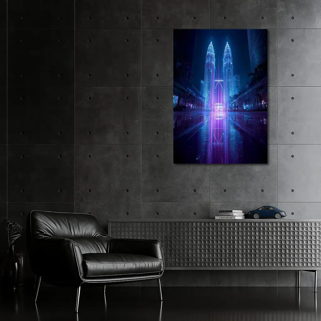 Petronas Twin Towers Neon Cyberpunk Night Reflection – Wall Art