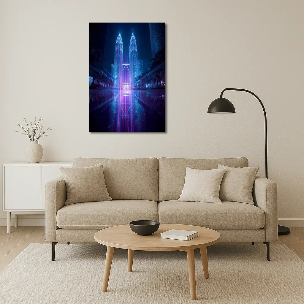 Petronas Twin Towers Neon Cyberpunk Night Reflection – Wall Art