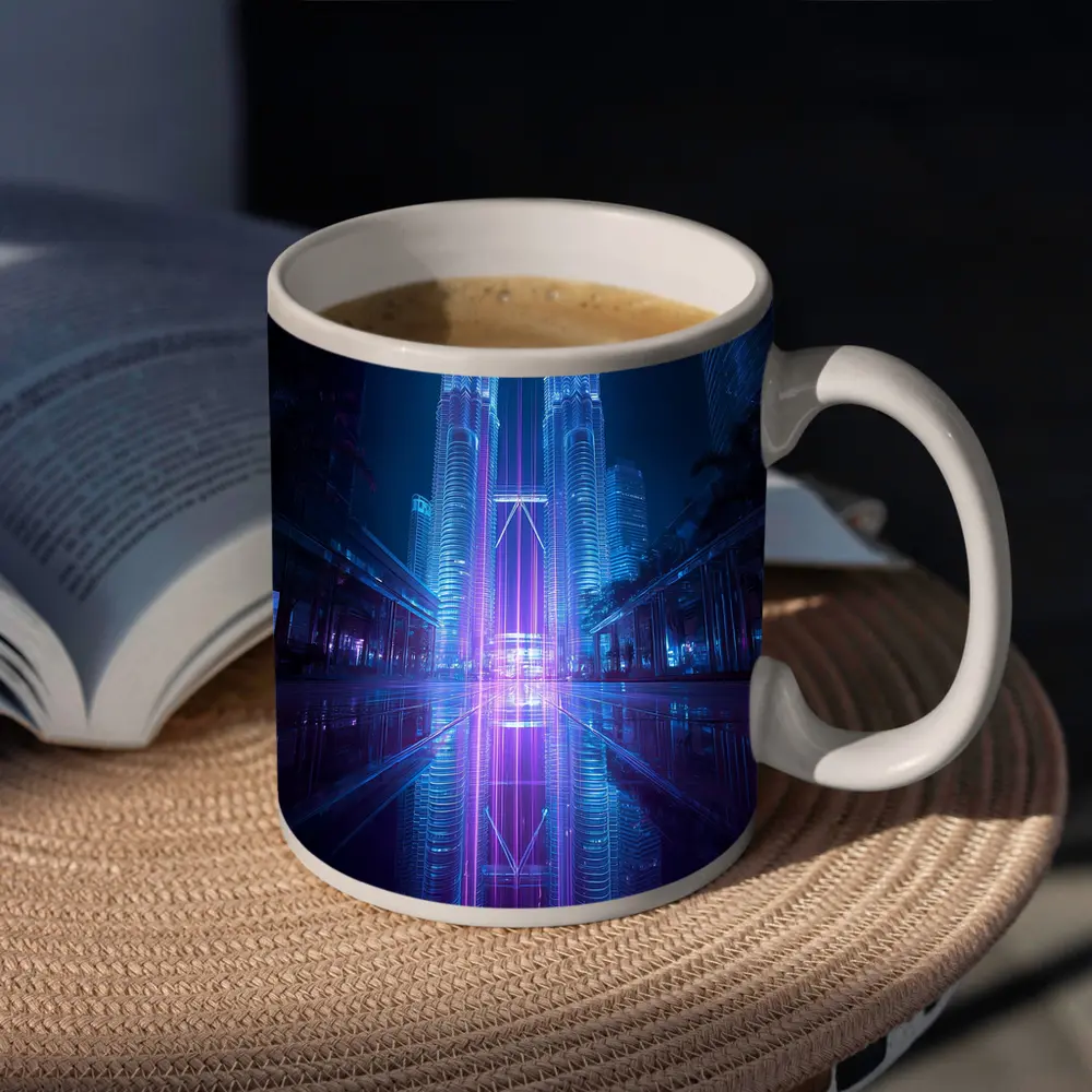 Petronas Twin Towers Neon Cyberpunk Night Reflection – Mugs