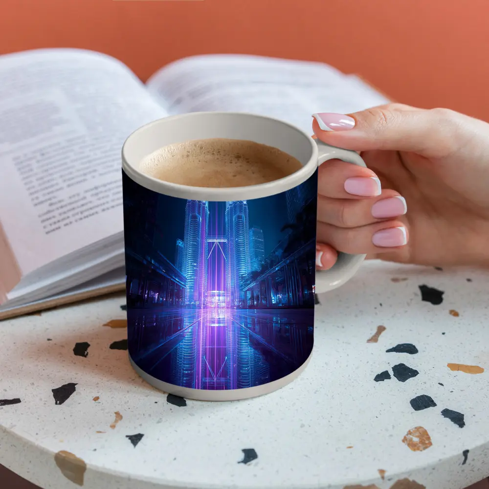 Petronas Twin Towers Neon Cyberpunk Night Reflection – Mugs