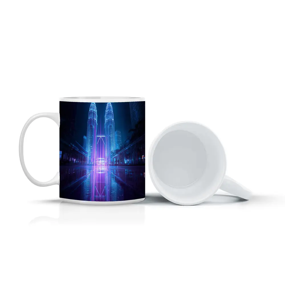 Petronas Twin Towers Neon Cyberpunk Night Reflection – Mugs