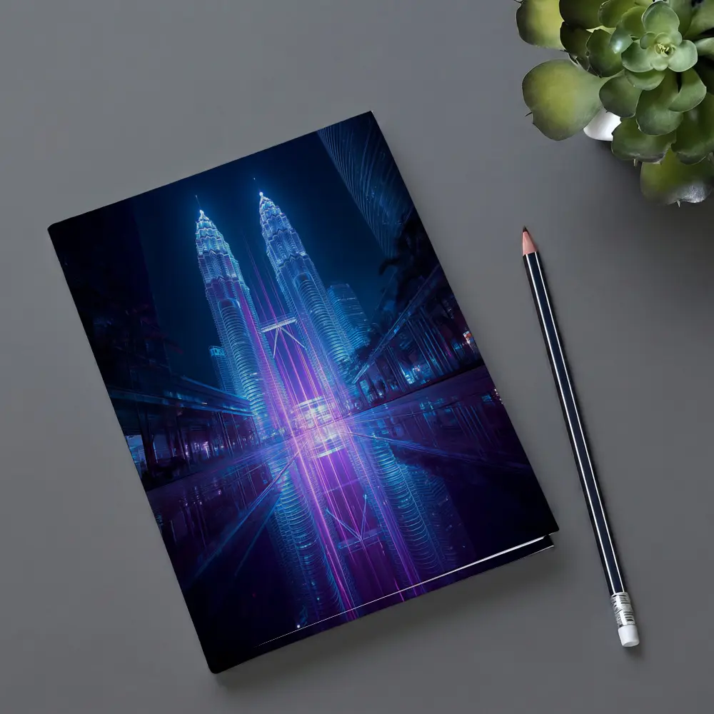 Petronas Twin Towers Neon Cyberpunk Night Reflection – Notebooks