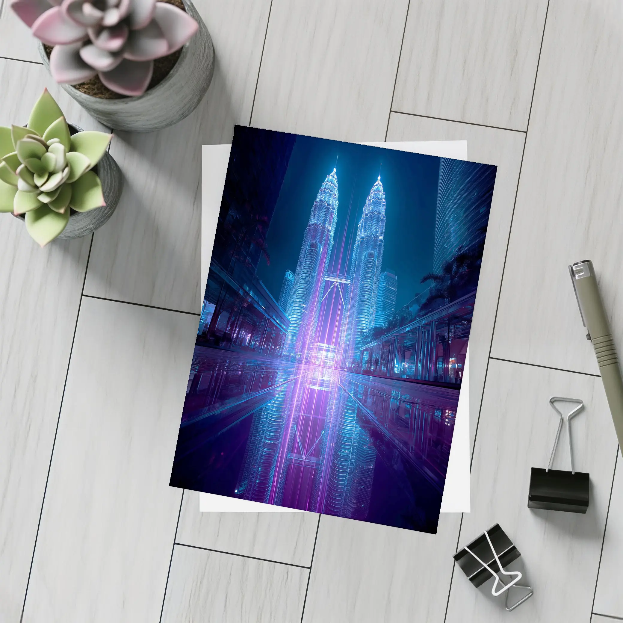 Petronas Twin Towers Neon Cyberpunk Night Reflection – Postcards