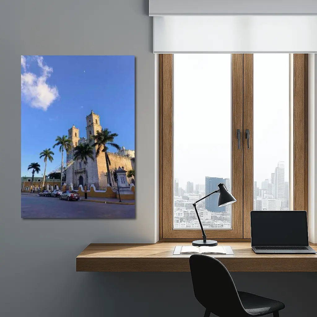 Colonial Cathedral Palm Trees Blue Sky – Wall Art