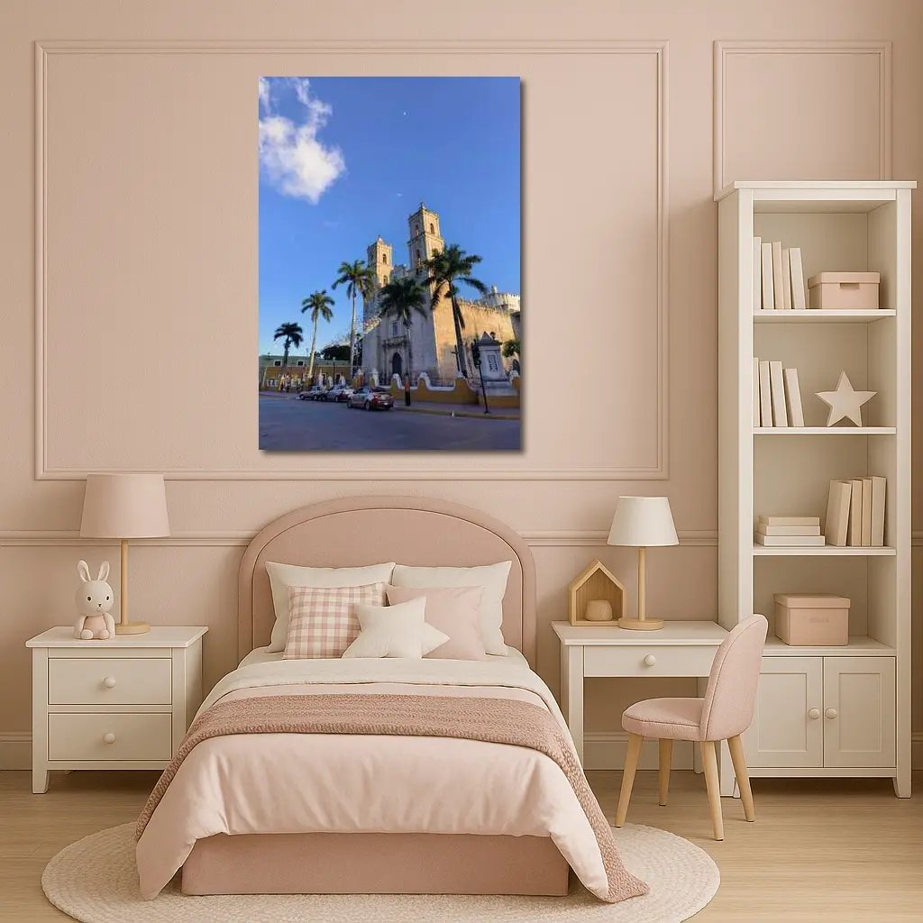 Colonial Cathedral Palm Trees Blue Sky – Wall Art