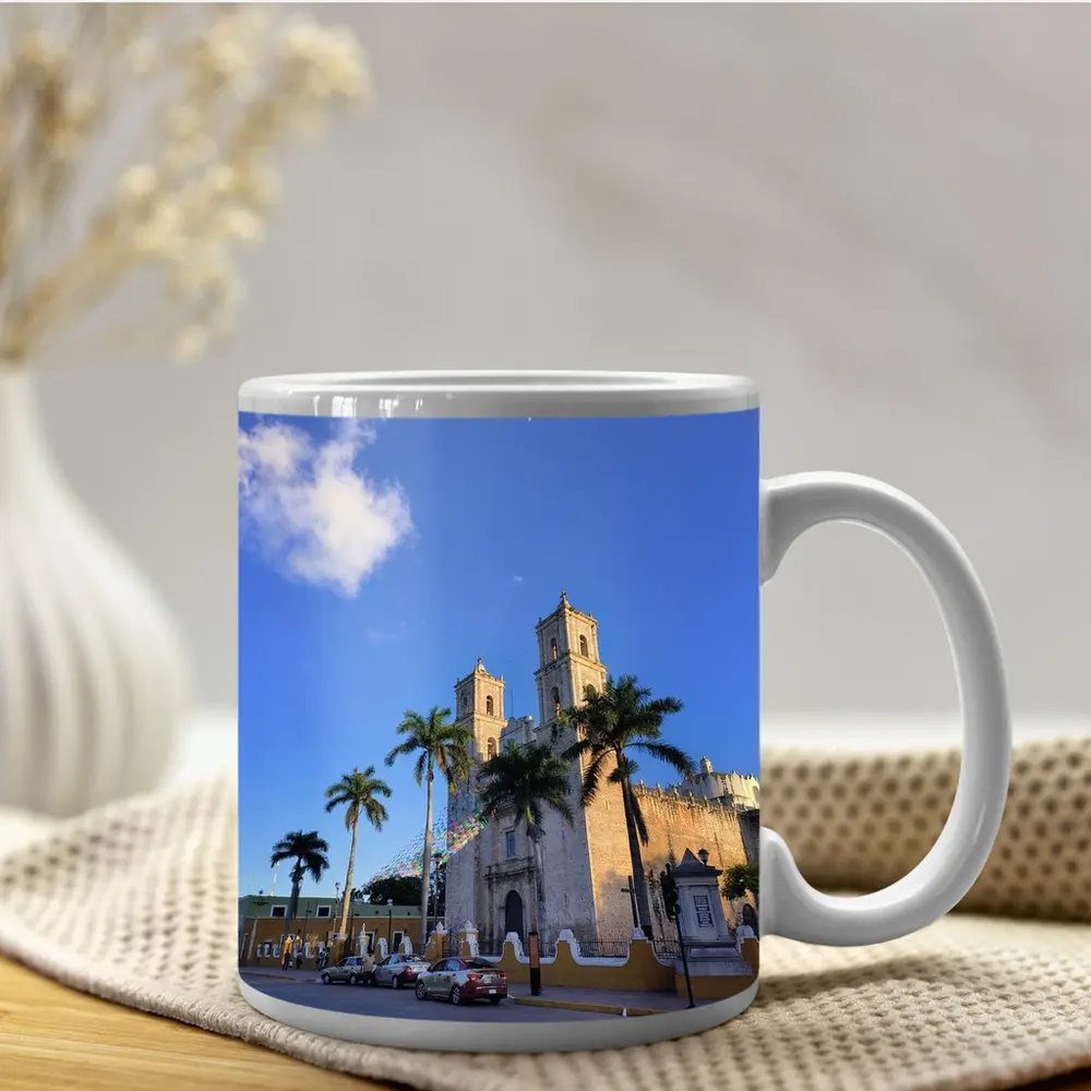 Colonial Cathedral Palm Trees Blue Sky – Mugs