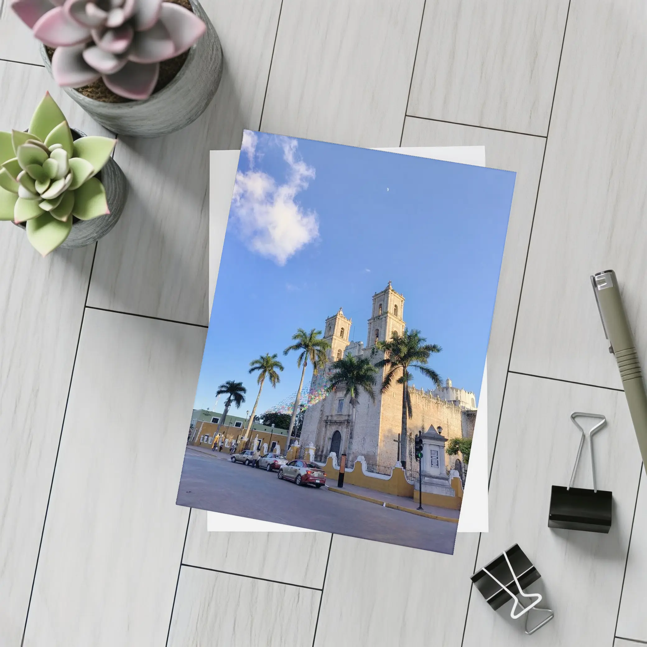 Colonial Cathedral Palm Trees Blue Sky – Postcards