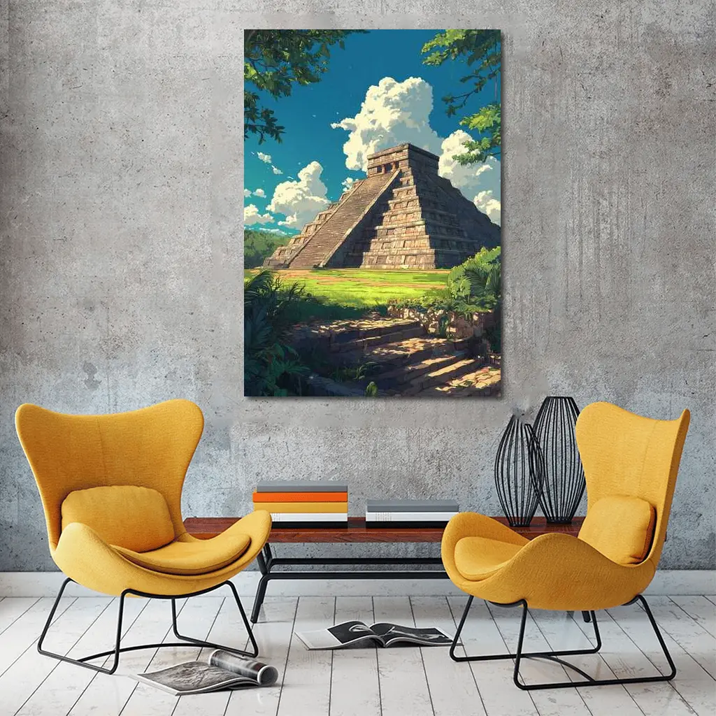 Chichen Itza Pyramid Anime Style Blue Sky – Wall Art