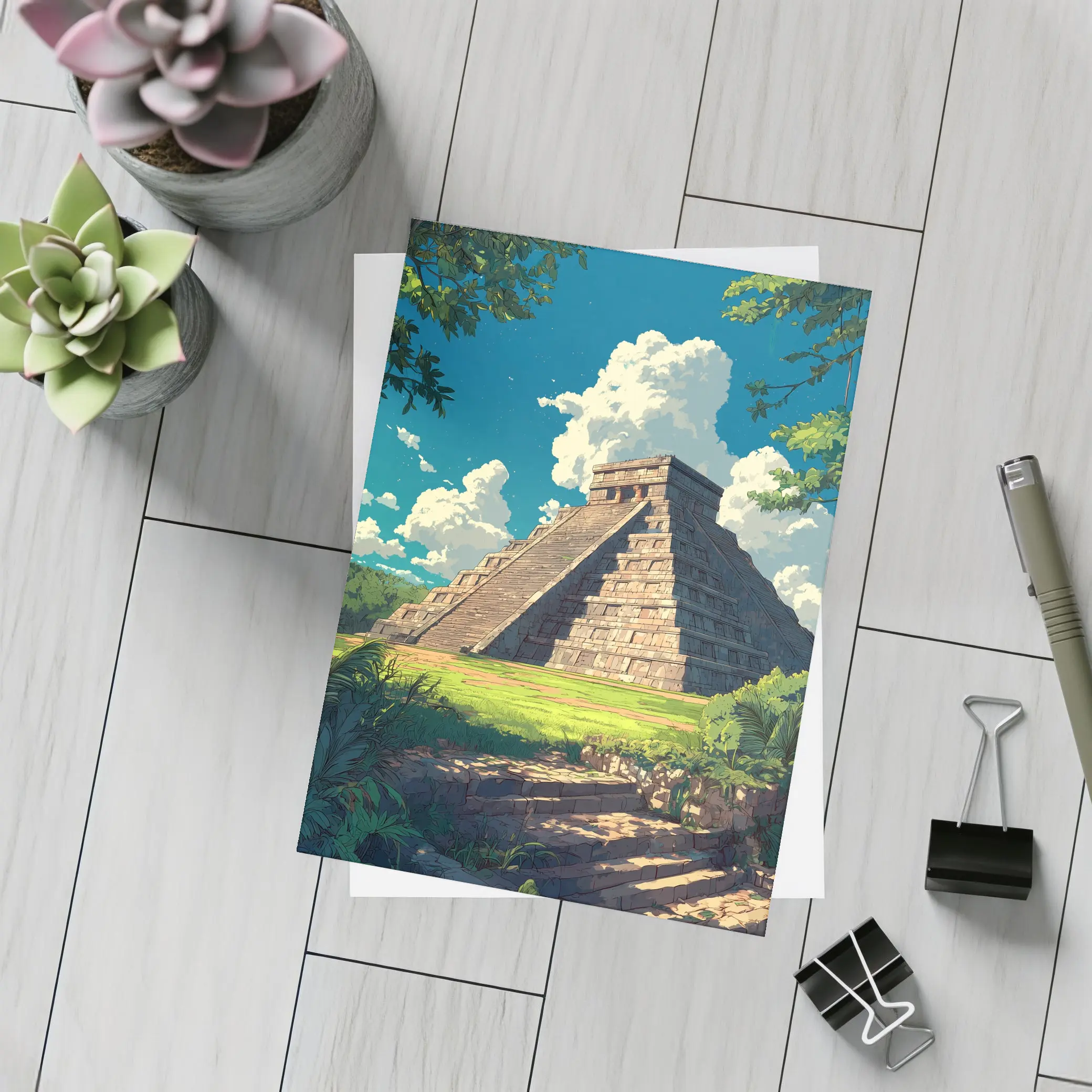 Chichen Itza Pyramid Anime Style Blue Sky – Postcards